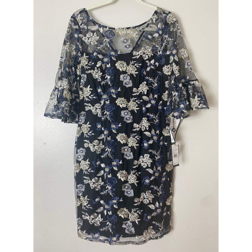 Adrianna Papell Dress Black Blue Floral Embroidered Wedding Guest Cocktail Short